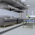Commercial Kitchen With Stainless Steel Worktables Range Hoods White Tiled Walls Windows And Metal Shelves