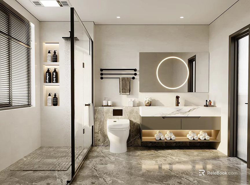Modern Bathroom Interior With Glass Shower Round Mirror Marble Vanity Toilet And Storage Shelves 3d model 