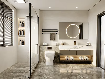 Modern Bathroom Interior With Glass Shower Round Mirror Marble Vanity Toilet And Storage Shelves 3d model