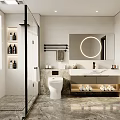 Modern Bathroom Interior With Glass Shower Round Mirror Marble Vanity Toilet And Storage Shelves