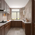 Traditional Kitchen Interior With Dark Brown Wooden Cabinets Beige Stone Walls And Light Countertop