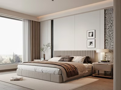 Modern Bedroom Interior Design With Large Bed Framed Art Table Lamp And Light Brown Curtains 3d model