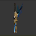 Golden Armored Character With Blue Glowing Wings Holding Long Sword And Spear