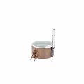 Wooden Circular Bathtub Interior With Metal Chimney And Wooden Ladder