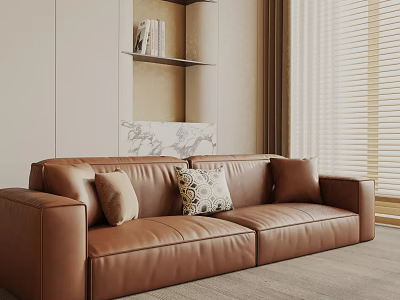 Brown Leather Three-Seater Sofa With Decorative Pillows And Bookshelf In Modern Living Room 3d model