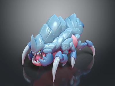 Blue Fantasy Creature with Spiked Carapace Sharp Claws Menacing Fangs and Pink Accents 3d model