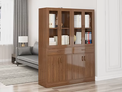 Walnut Bookcase With Glass Doors And Storage Cabinets In Living Room 3d model