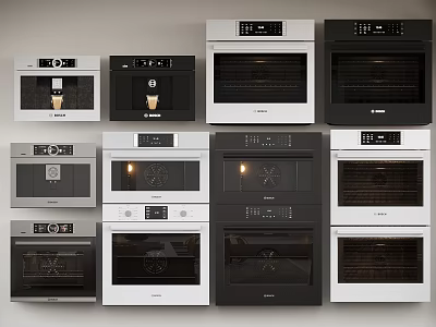 Stylish Modern White And Black Kitchen Microwaves Ovens Neatly Arranged Appliances 3d model