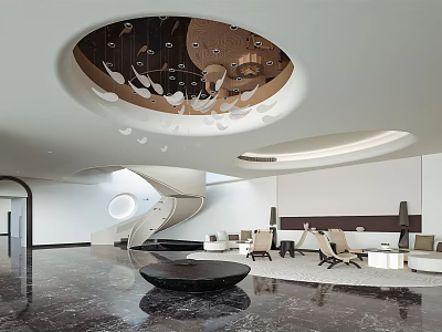 Modern Lounge Area Interior Design With Spiral Staircase Marble Floor And Round Chandelier 3d model
