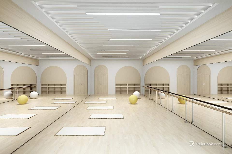Bright Fitness Studio Interior With Yoga Mats Mirrors And Barre 3d model 
