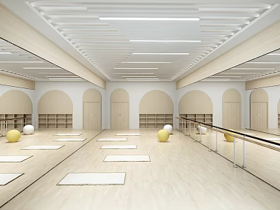 Bright Fitness Studio Interior With Yoga Mats Mirrors And Barre 3d model