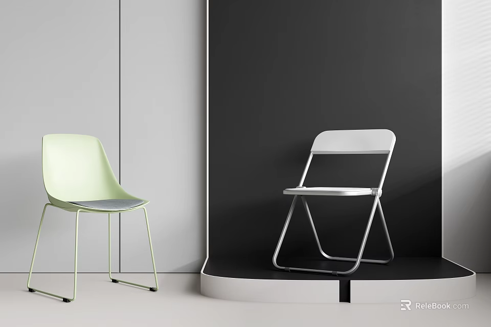 Modern Leisure Chairs with Light Green Curved Backrest and White Foldable Metal Frame Design 3d model 