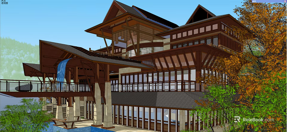 Traditional Chinese Wooden Architecture With Pagoda Roof Multi Story Design Large Windows And Waterfall 3d model 