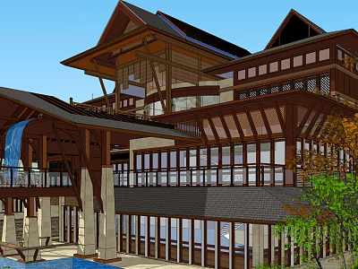 Traditional Chinese Wooden Architecture With Pagoda Roof Multi Story Design Large Windows And Waterfall 3d model