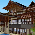 Traditional Chinese Wooden Architecture With Pagoda Roof Multi Story Design Large Windows And Waterfall