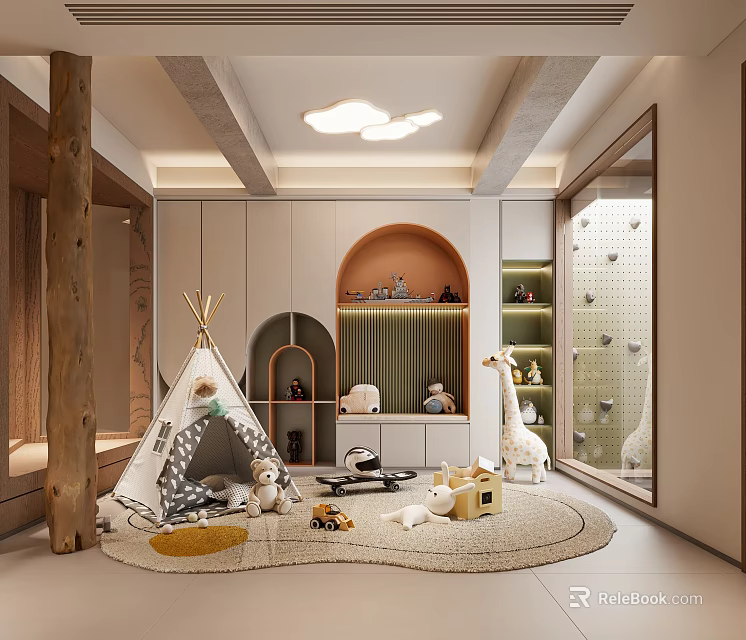 Cozy Playroom With Teepee Toys Round Rug And Climbing Wall 3d model 