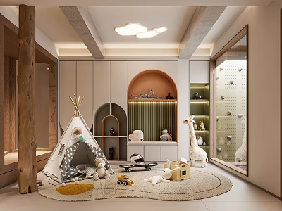 Cozy Playroom With Teepee Toys Round Rug And Climbing Wall 3d model