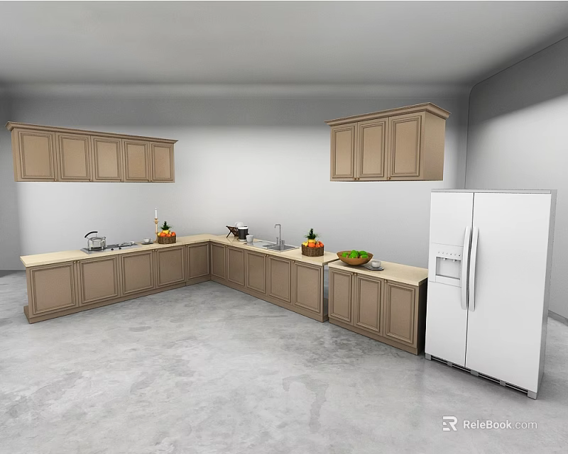 Modern Kitchen Interior Design With Wooden Cabinets Countertop Fruits And Refrigerator 3d model 