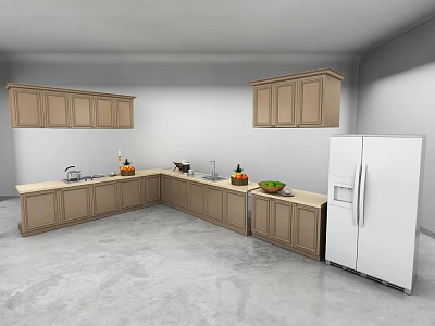 Modern Kitchen Interior Design With Wooden Cabinets Countertop Fruits And Refrigerator 3d model