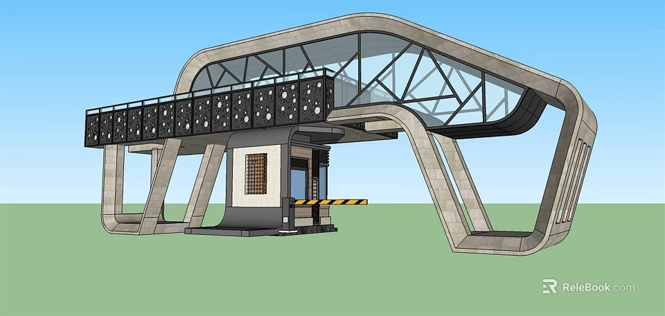 Modern Entrance Gate Design With Curved Glass Roof Concrete Supports And Security Booth 3d model 