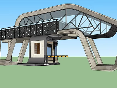 Modern Entrance Gate Design With Curved Glass Roof Concrete Supports And Security Booth 3d model