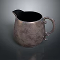 Vintage Silver Textured Pitcher With Curved Handle And Black Rim Household Item