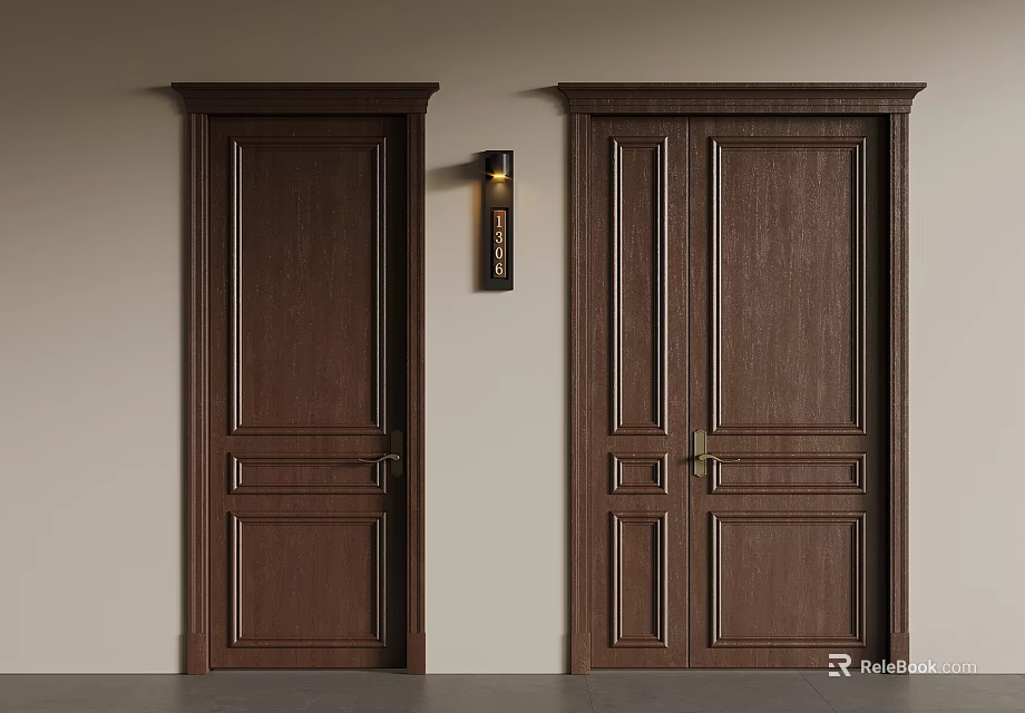 Dark Brown Wooden Doors With Classic Design And Wall Lamp In Interior 3d model 