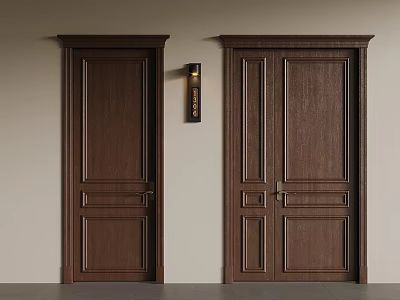 Dark Brown Wooden Doors With Classic Design And Wall Lamp In Interior 3d model