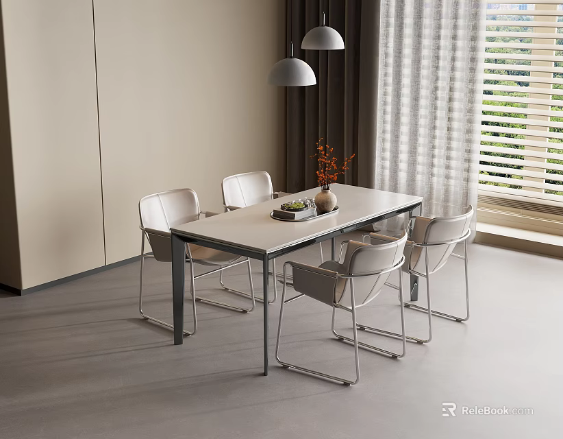 Elegant Dining Table Set With White Rectangular Table Four Metal Frame Chairs And Modern Pendant Lights 3d model 
