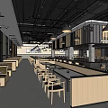 Modern Restaurant Interior With Open Layout Dining Tables Chairs Pendant Lights And Bar Counter