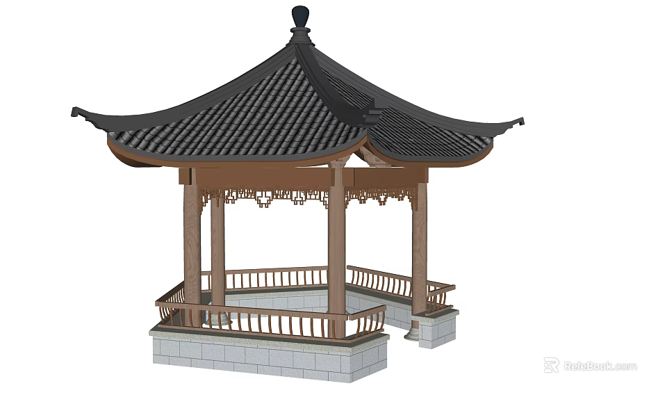 Traditional Chinese Garden Pavilion With Black Tiled Roof Wooden Structure And Stone Base Railings 3d model 