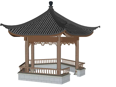 Traditional Chinese Garden Pavilion With Black Tiled Roof Wooden Structure And Stone Base Railings 3d model