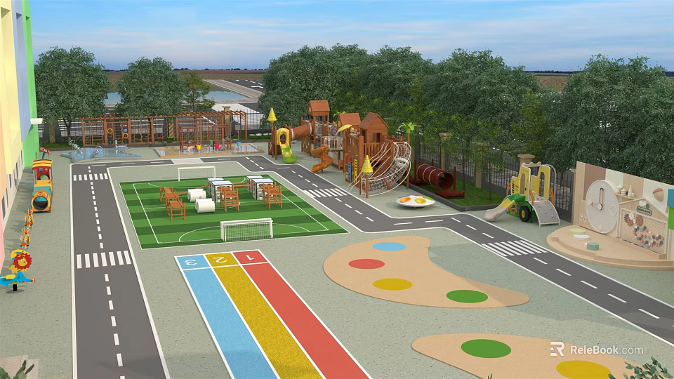 Colorful School Outdoor Playground With Slide Soccer Goal Lawn And Trees 3d model 