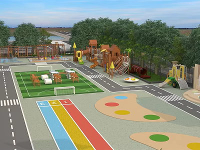 Colorful School Outdoor Playground With Slide Soccer Goal Lawn And Trees 3d model