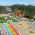 Colorful School Outdoor Playground With Slide Soccer Goal Lawn And Trees