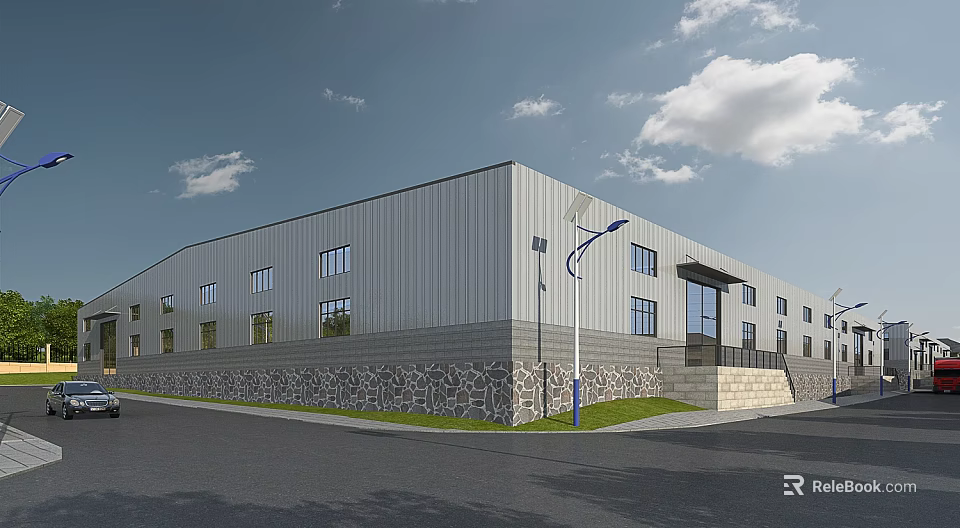 Industrial Factory Building With Metal Exterior Wall Stone Base Large Windows Street Lamp Green Lawn 3d model 