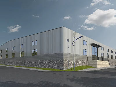 Industrial Factory Building With Metal Exterior Wall Stone Base Large Windows Street Lamp Green Lawn 3d model