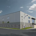 Industrial Factory Building With Metal Exterior Wall Stone Base Large Windows Street Lamp Green Lawn