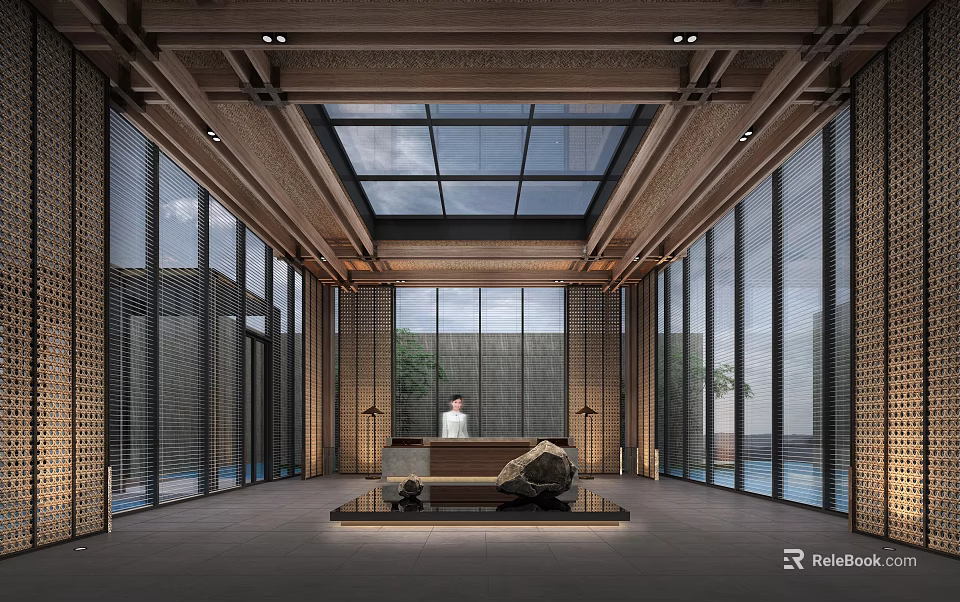 Contemporary Sales Office Interior With Glass Ceiling Large Windows Reception Desk And Natural Light 3d model 
