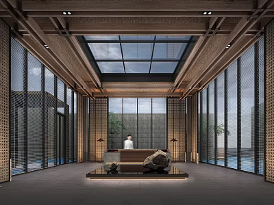 Contemporary Sales Office Interior With Glass Ceiling Large Windows Reception Desk And Natural Light 3d model