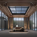 Contemporary Sales Office Interior With Glass Ceiling Large Windows Reception Desk And Natural Light