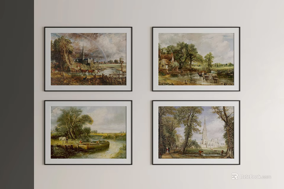 Four Framed Landscape Paintings Hanging On Wall Featuring Trees River And Rural Scenery 3d model 