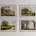 Four Framed Landscape Paintings Hanging On Wall Featuring Trees River And Rural Scenery