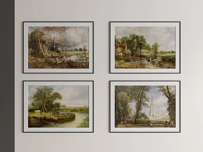 Four Framed Landscape Paintings Hanging On Wall Featuring Trees River And Rural Scenery 3d model