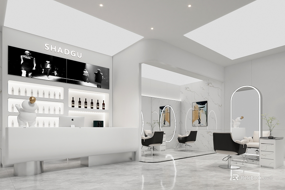 Spacious Hair Salon Interior With White Decor Marble Accents Product Shelves Mirrors And Styling Chairs 3d model 