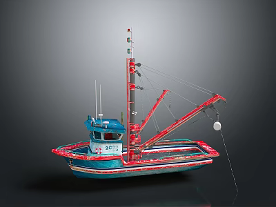 Vibrant Blue And Red Fishing Boat With Crane Arm Mast And Cabin Structure 3d model