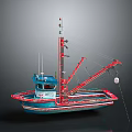 Vibrant Blue And Red Fishing Boat With Crane Arm Mast And Cabin Structure