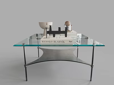 Modern Coffee Table With Glass Top Metal Legs And Decorative Items On Surface 3d model