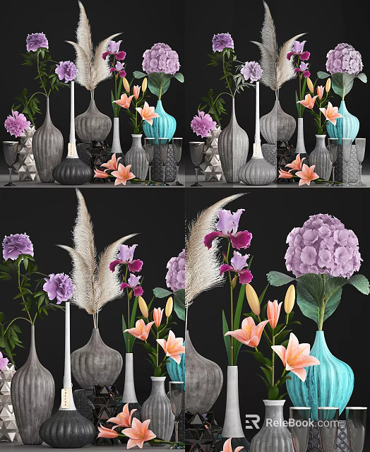 Elegant Glass And Ceramic Vases With Purple Iris Pink Hydrangea And Orange Lily Flowers 3d model 