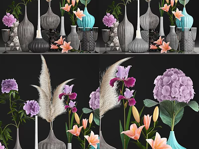 Elegant Glass And Ceramic Vases With Purple Iris Pink Hydrangea And Orange Lily Flowers 3d model